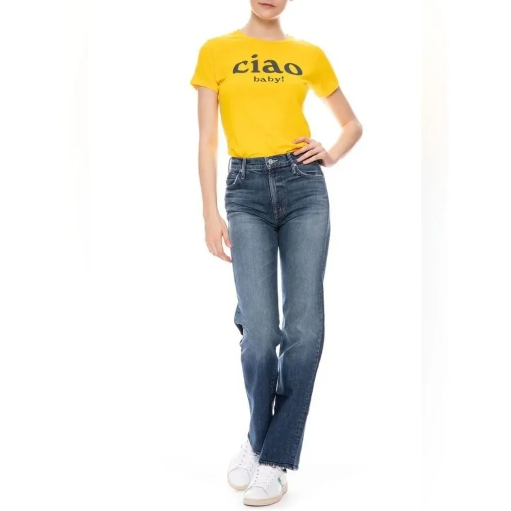 MOTHER high-rise, straight leg kick it jean in Tell it to the Pope Size 28